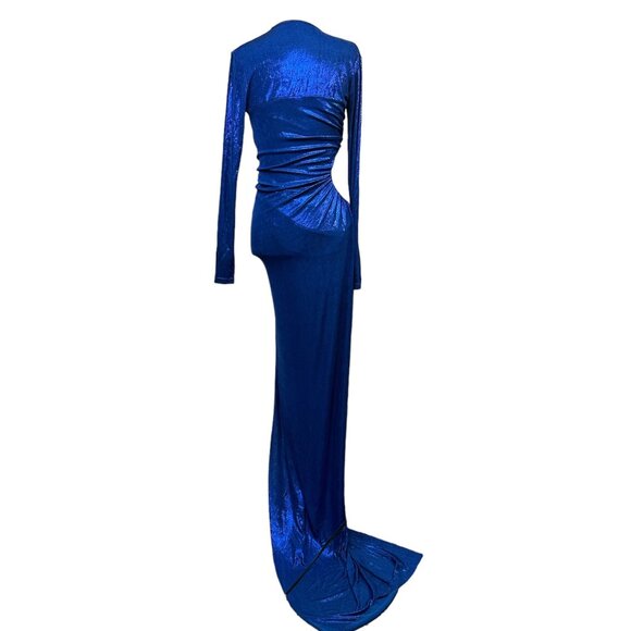 Balmain Womens Draped Laminated Jersey Long Dress in Bleu Electric 38 New Gown - Picture 8 of 16